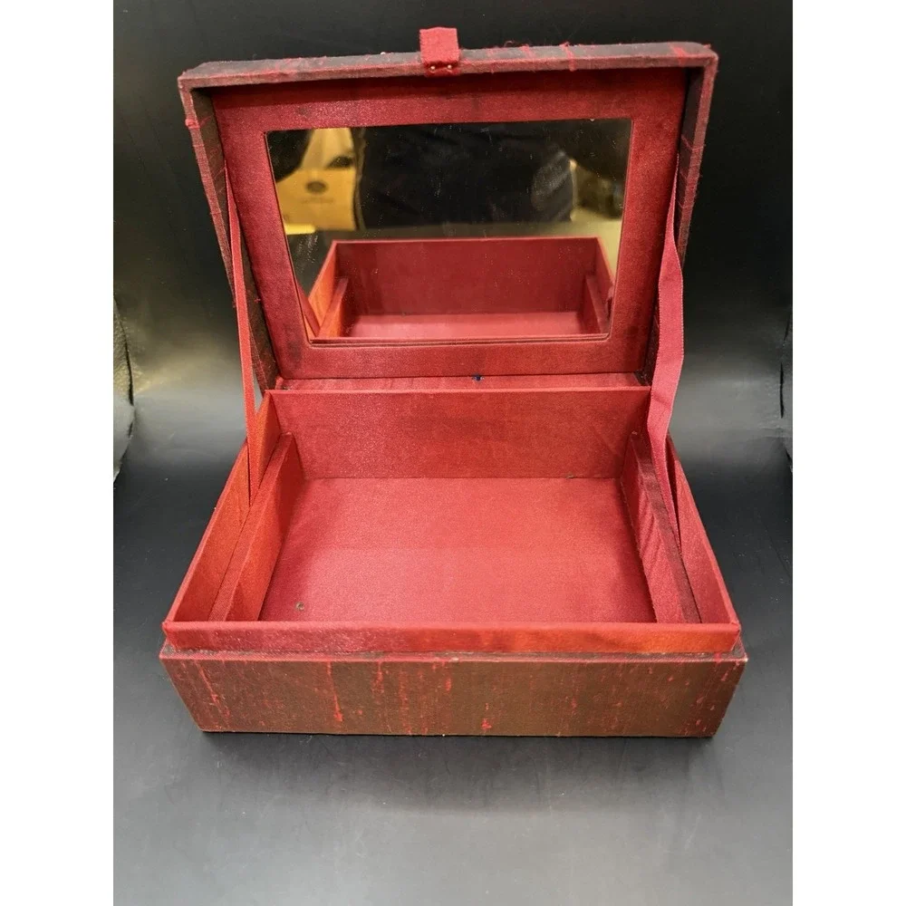 Vintage Red Beaded Jewelry Box with Mirror – Fabric Covered‎ Trinket Chest